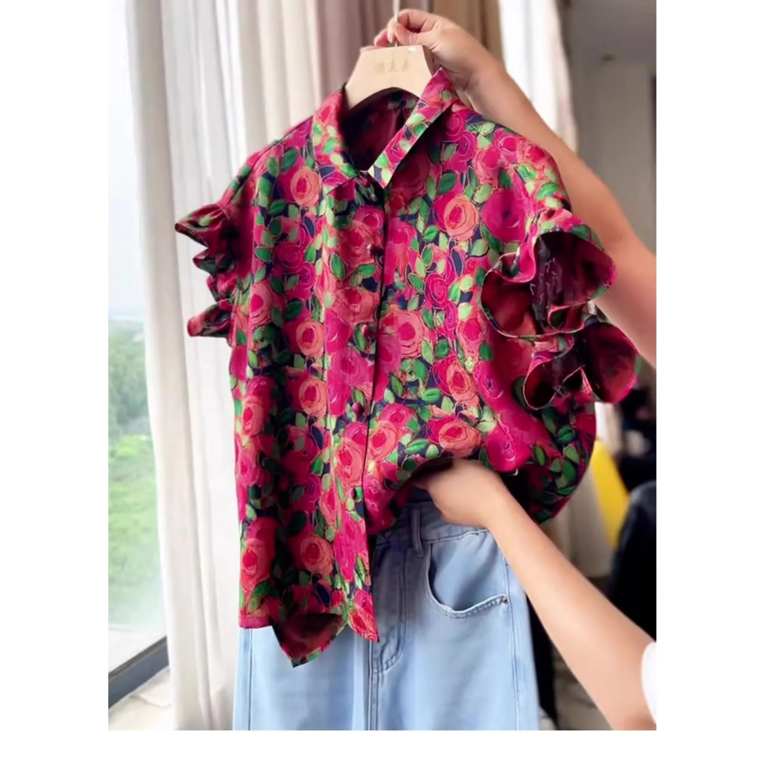 New Chinese Sle High-End Pink ort Sve Women's irt Floral Trim Sve Design Age-Defng Summer 2025 Polyester Fiber