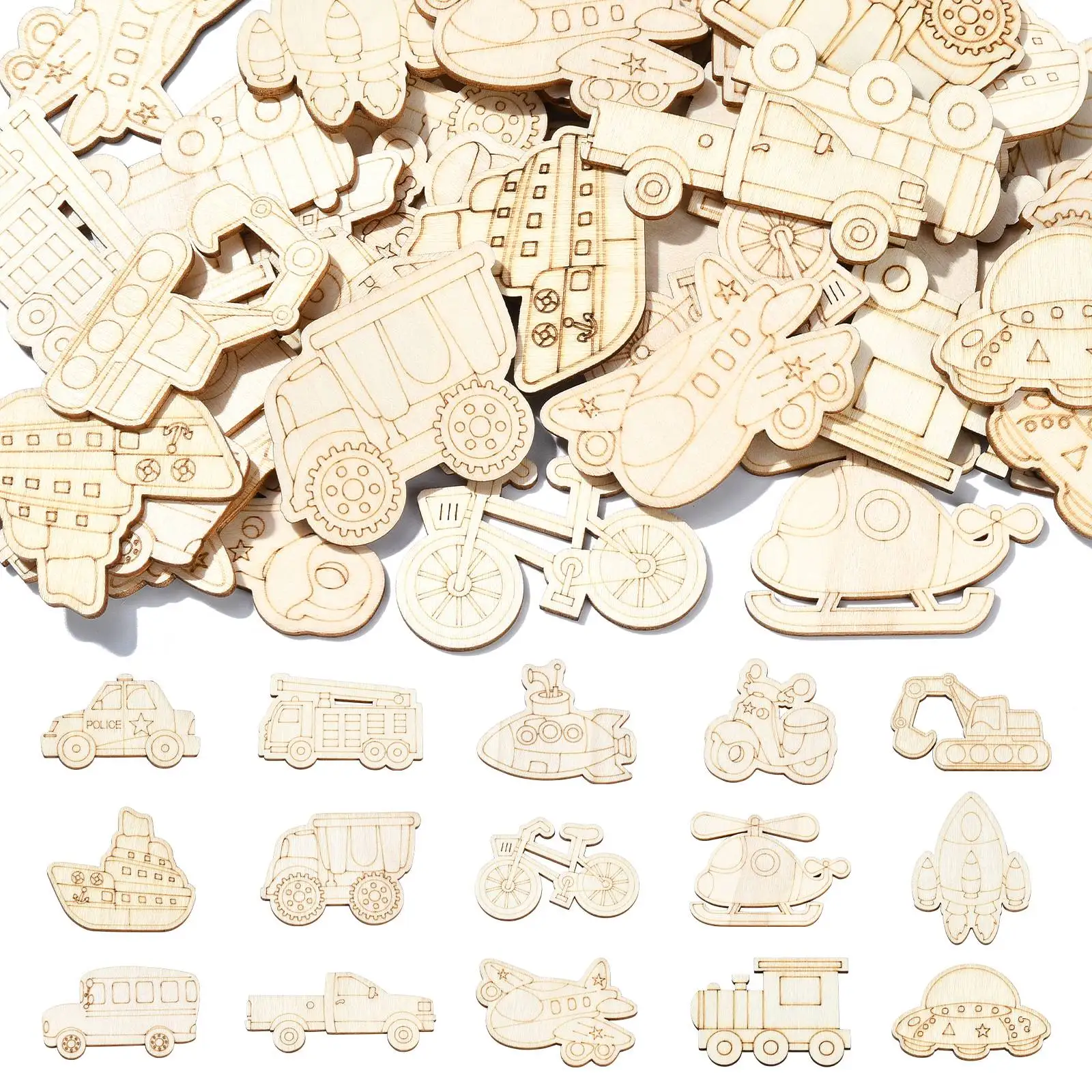 

Pandahall 100Pcs Random Vehicle Unfinished Wood Cutouts Traffic Car Helicopter Boat Wooden Paint Crafts for DIY Crafts Decor