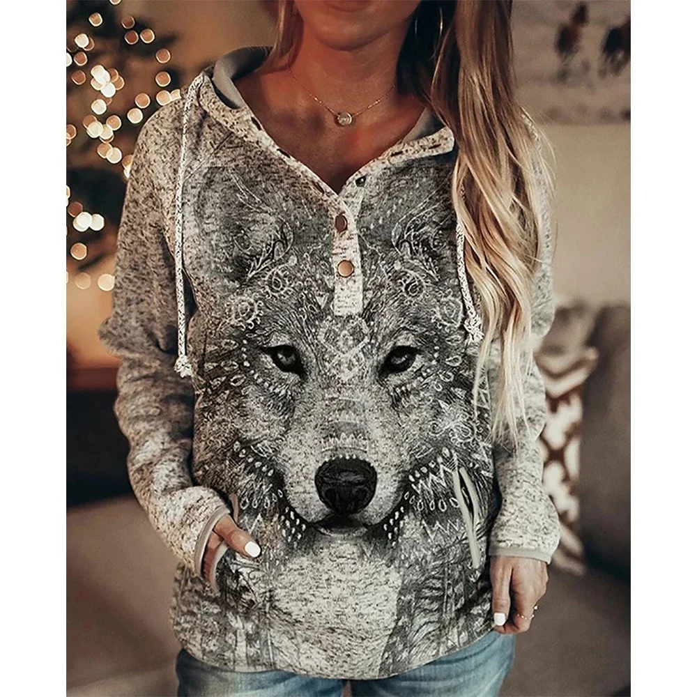 Sudadera con capucha de lobo para mujer, suéter Vintage de gran tamaño, abrigo para niña, Sudadera con capucha, jersey con capucha, chándal de búho,