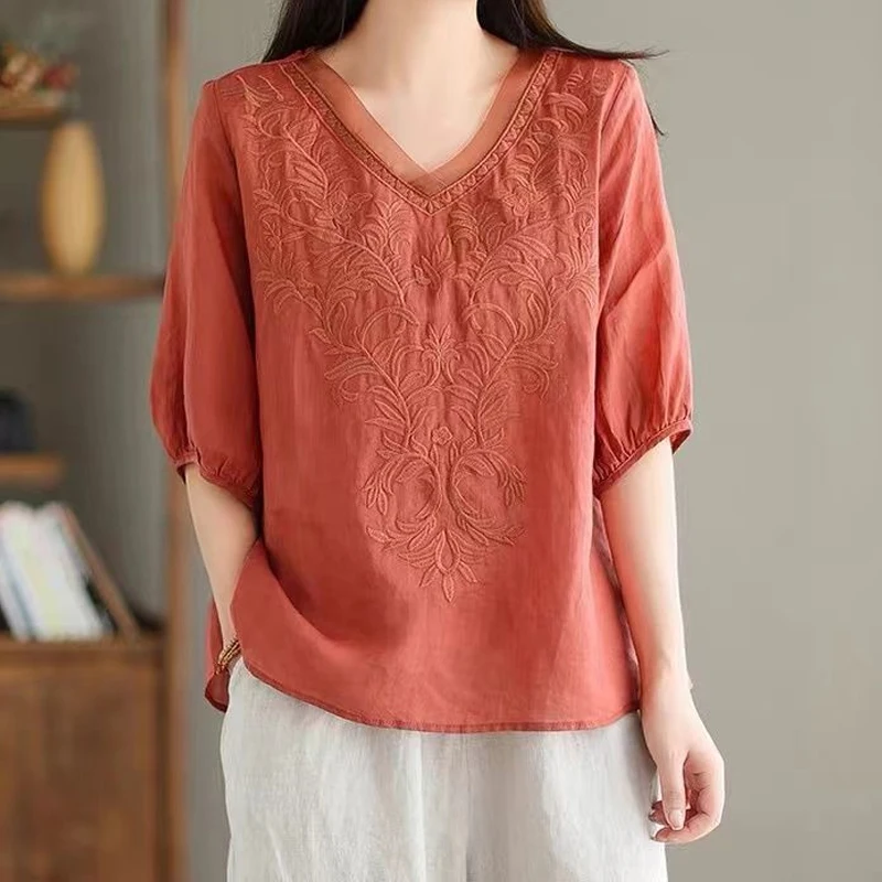 Summer V Neck Embroidery Office All-match Thin Shirt Tops Solid Half Sleeve Loose Vintage Blouse Casual Fashion Women Clothing