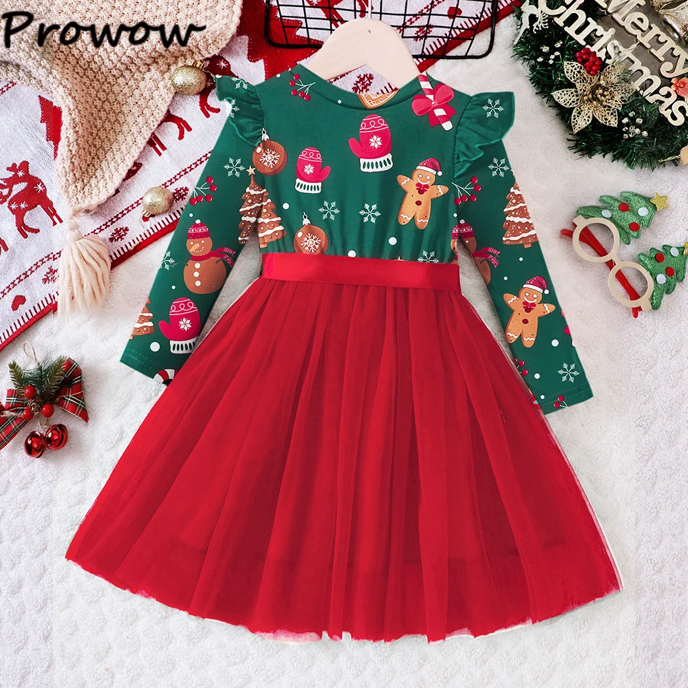 Prowow Kids Christmas Dress For Girls 2025 Red Patchwork Gingerbread Man Party Dresses Princess New Year Children\'s Costume