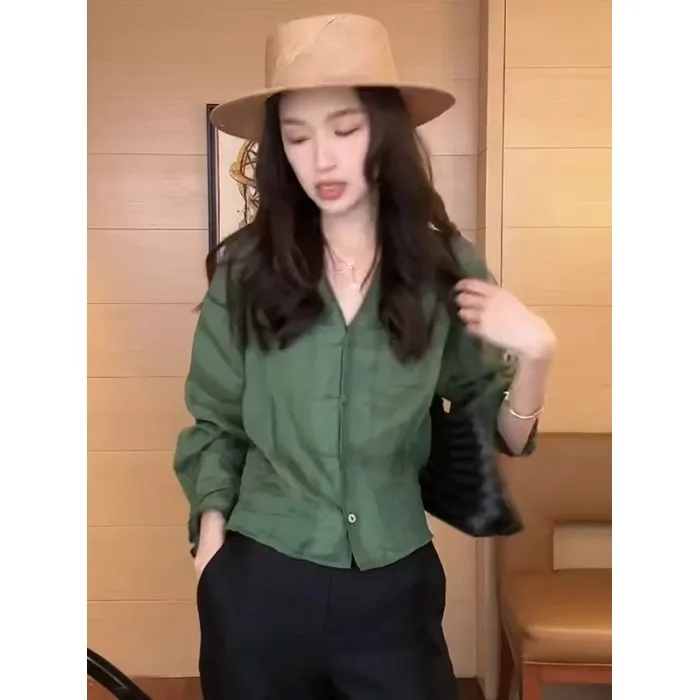 

plus Size Women's irt V-Ne Single Button Faionable Spring Autumn Top High Quali Comfortable Regular Sve Long irt