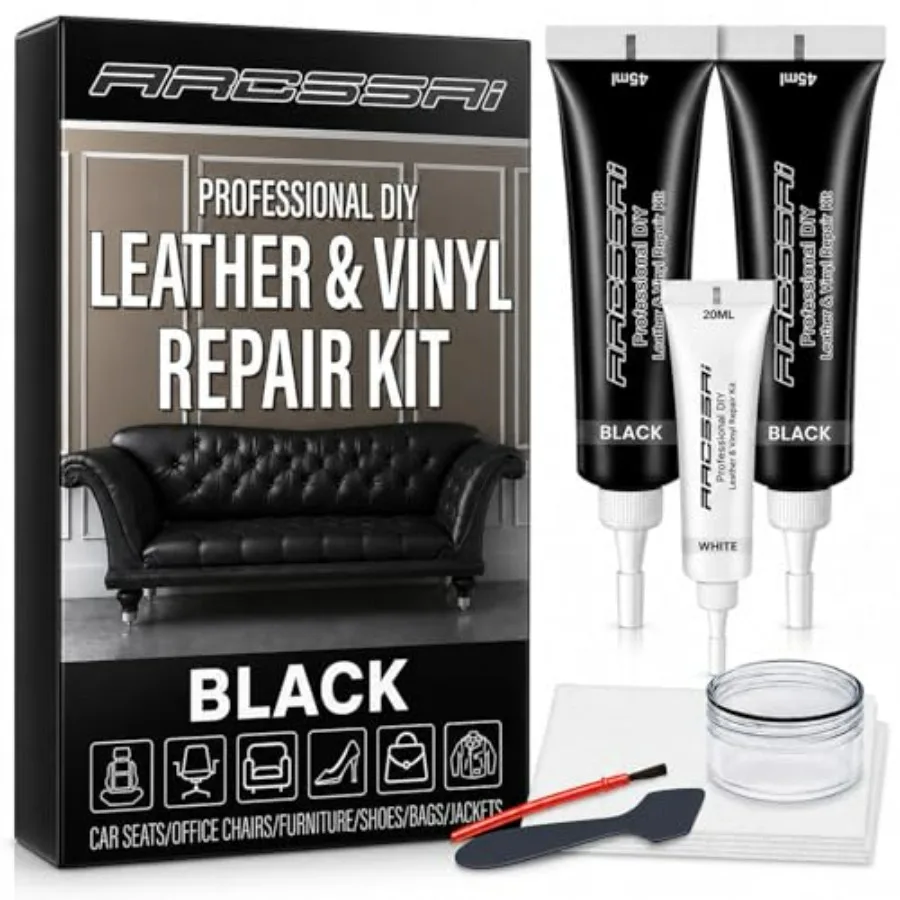 Black Leather and Vinyl Repair Kit, Sofa, Jacket, Car Seats and Purse. Leather Repair Kit. Super Easy Instructions to Match Any