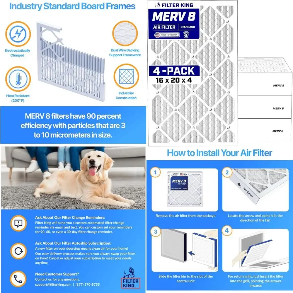 

4-Pack 16x20x4 MERV 8 Air Filters for Dust and Allergy Relief, USA-Made, HVAC Pleated, Electrostatic