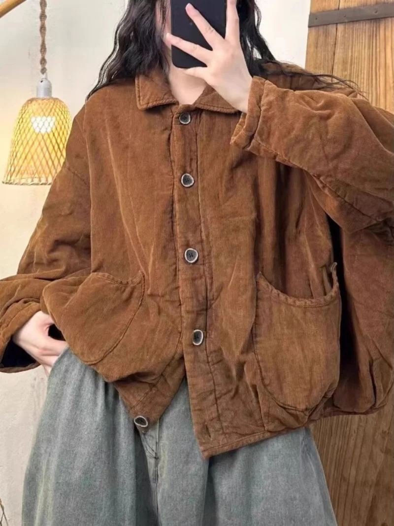 

2025 Autumn And Winter Minimalist Style Casual Versatile Retro Wind lamp Corduroy Jacket Women Short Coat Outerwear1100