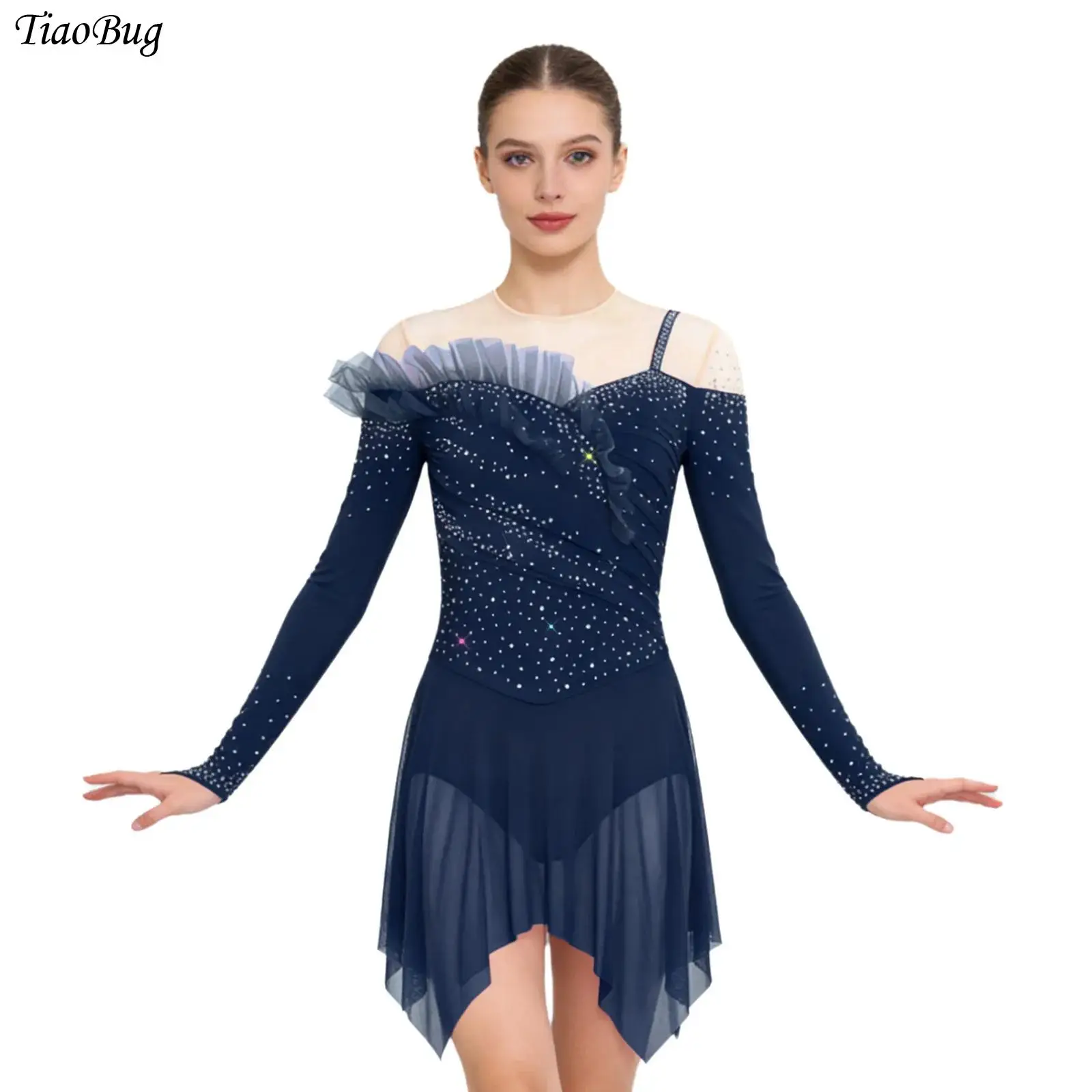 

Womens Figure Skating Bodysuit Dress Rhinestones Long Sleeve Tulle Mesh Rhythmic Gymnastics Latin Ballet Dance Leotard Dancewear
