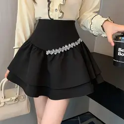 Koreaanse Zoete Kawaii Ruches Diamanten All-Match Cakerok 2023 Zomer Nieuwe Elegante Modeschool Hoge Taille A-Lijn Minirokjes