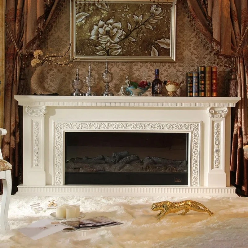 

French Retro Fireplace American Curio Cabinet European White Silver Paste Electric Fireplace Electronic Simulation Flame
