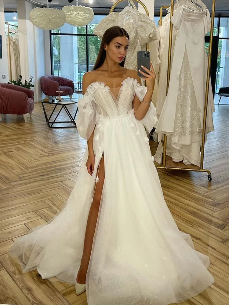 SoDigne-vestidos de novia de mariposa con purpurina, hombros descubiertos, cuello en V, corte en A, abertura lateral, Espalda descubierta, vestido de novia