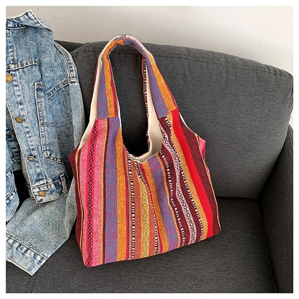 Trend Rainbow Striped Canvas Shoulder Bags Women Large Capacity Casual Totes Bag Bohemian Ethnic Style Underarm Shoulder Bag