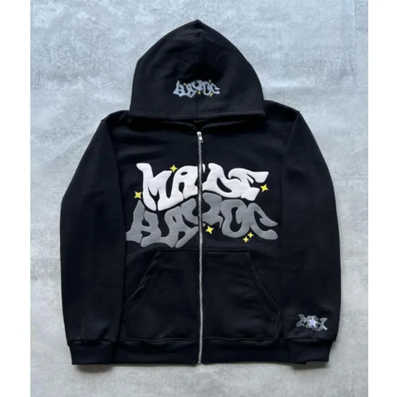Sudadera con capucha y cremallera con letras y estrellas americanas retro adecuada para hombres y mujeres chaqueta Y2K otoño d invierno cardigan