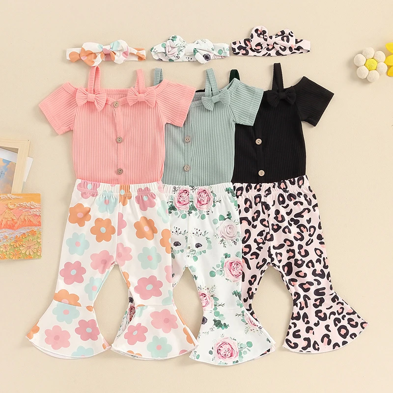 Fashion Newborn Baby Girls Summer Outfit Short Sleeve Romper with Flower Leopard Print Flare Pants and Bowknot Headband