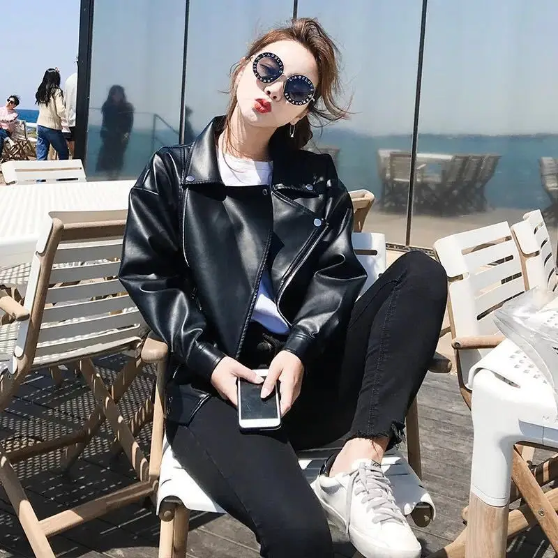 Leather Jacket Women Zipper Streetwear Motorcycle Jacket PU Leather Coat Large Outerwear Long Sleeve Korean Chic Jacket Black