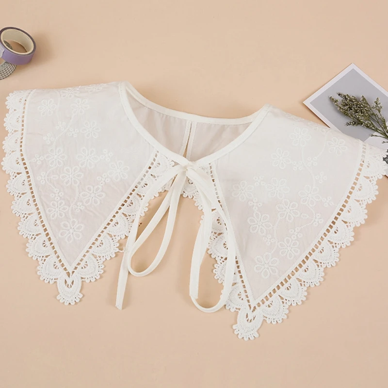 Japanese Stylish Fake Collar Dickey for Women Girls Floral Embroidered Lace White Shawl Scarf Student Necklace Capelet