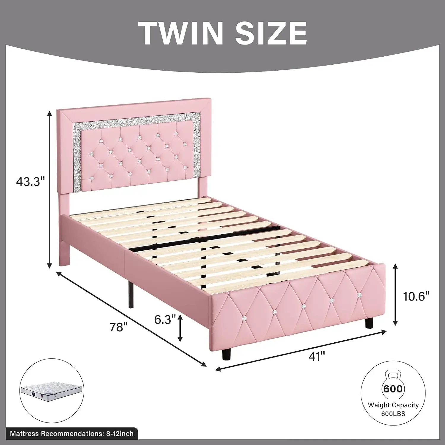 Twin Bed Frame Headboard Princess Kids Faux Leather Upholstered Diamond Tufted No Box Spring Required Easy Assembly Pink image 2