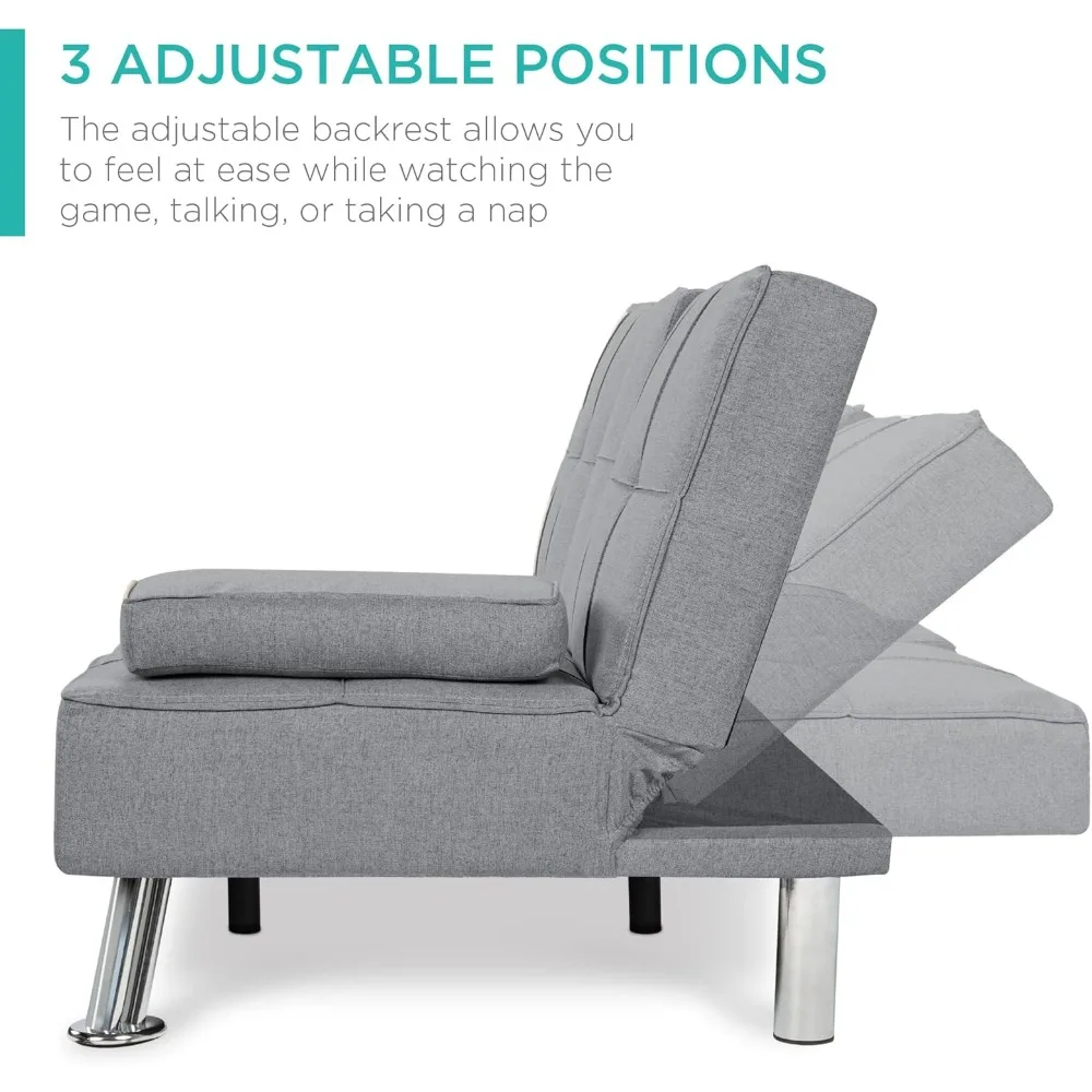 Sofa, Modern Folding Futon, Reclining Sofa Bed for Apartment, Dorm W/Removable Armrests, 2 Cupholders, Living Room Sofas