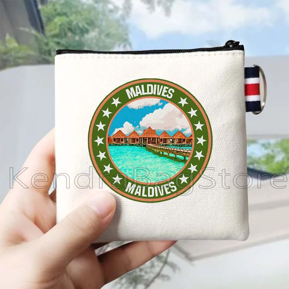 Vintage Maldivas Manta bandera mapa palmeras puesta de sol playa océano paisaje lienzo monedero cuadrado almacenamiento de llaves tarjeta bolsa cartera