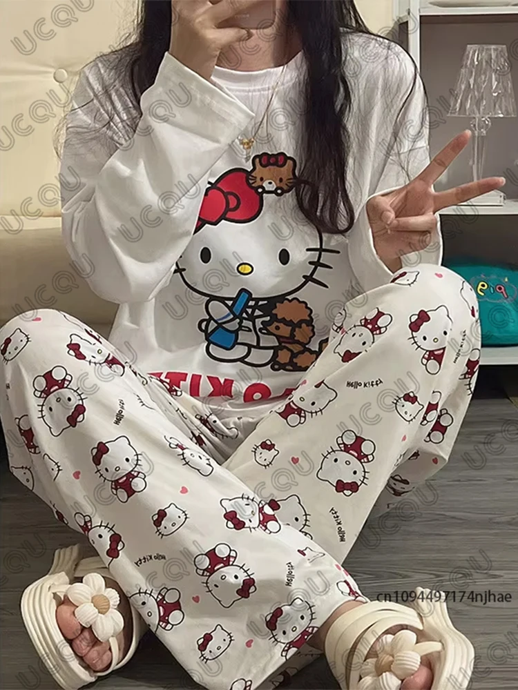 

Женские брюки, спортивный костюм, футболка с длинными рукавами с принтом «Hello Kitty» + пижамный комплект со штанами, повседневный костюм для пар, модная одежда из 2 предметов
