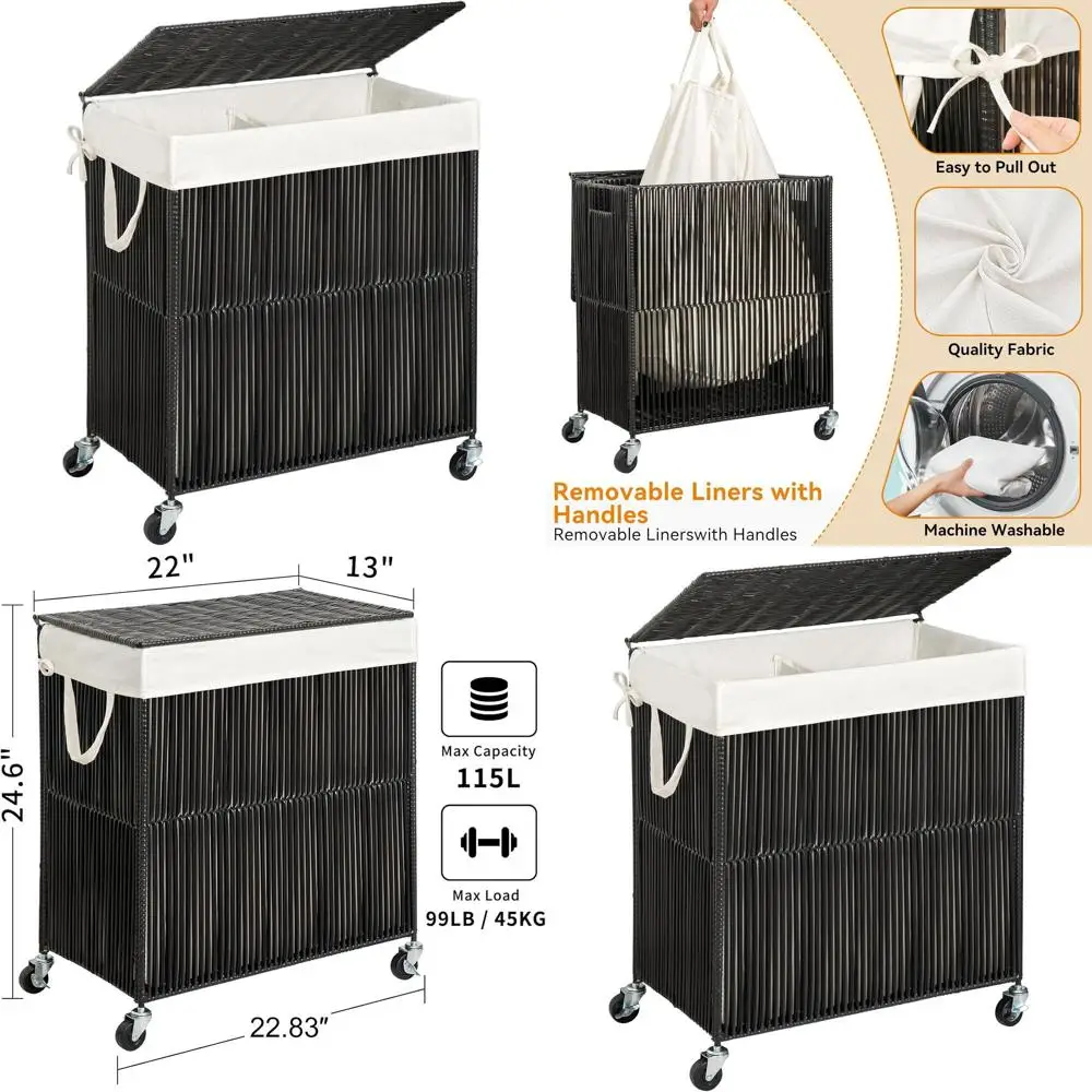 

115L Large Rolling Laundry Hamper with Lid, Handwoven Basket, Removable Liner, Black