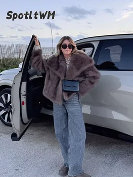 2024 Vintage Nepbont Korte Jassen Vrouwen Retro Dikke Grote Manchetten Effen Bontjas Vrouwelijke Winter Warm Lady Chic High Street uitloper