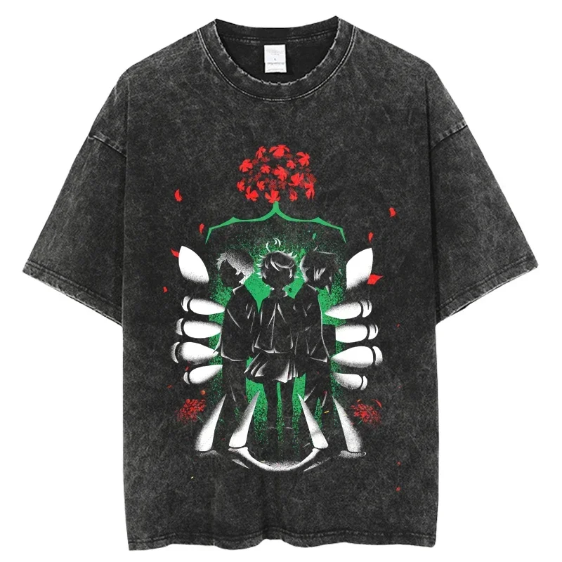 

Men Oversize Streetwear 100% Cotton Hip Hop Harajuku Tops Japanese Anime Demon Slayer Graphic Print Vintage Washed Tshirt