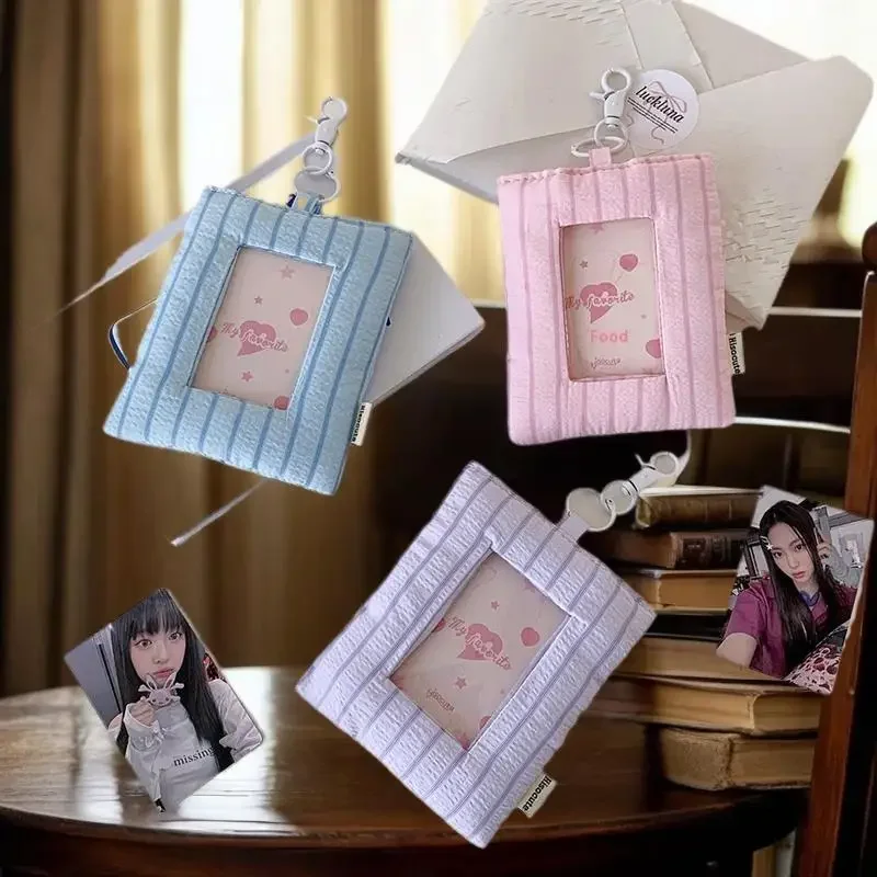 Dopamine Cute Padded Stripe Love Card Holder Photocard Holder Idol Photo Display Storage Protect Cover Keyring Pendant Bag Charm