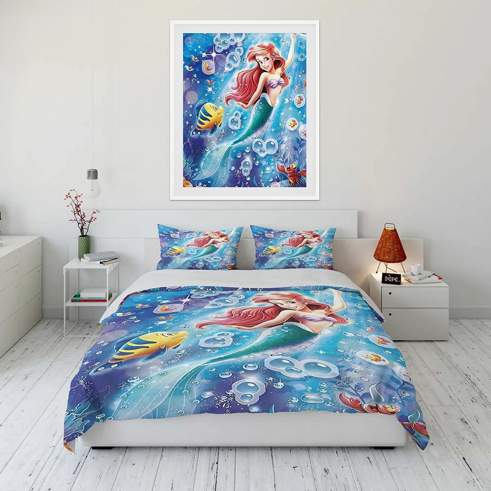 Imagem -05 - Disney The Little Mermaid Princess Bedding Conjunto para Crianças Folha Plana Capa de Edredão Fronha Roupa de Cama Roupa de Cama Solteiro Duplo Rei Lençóis