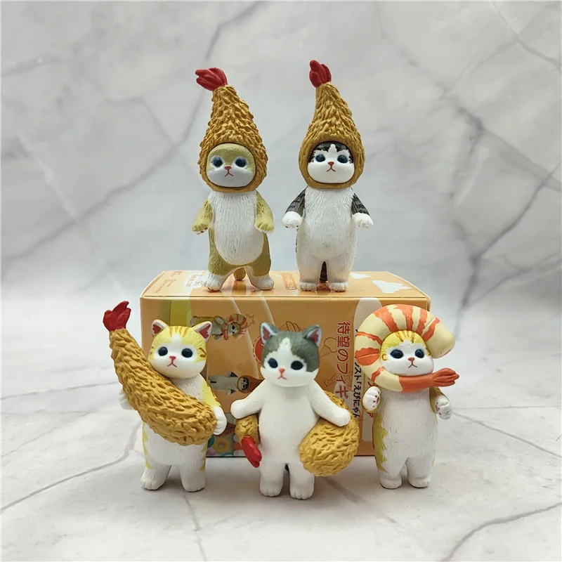 5Pcs Kawaii Fried Shrimp Cat Cos Model Doll Toy Cartoon Q Version Figurines Statue Funny Desktop Decorative Ornament Kids Gifts