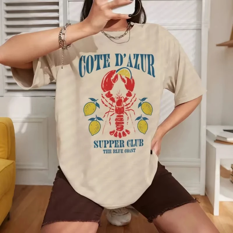 

Французская прибрежная футболка с принтом лобстера и лимона, винтажные эстетические футболки с рисунком морепродуктов, рубашка для влюбленных лобстеров, женский топ для летних каникул