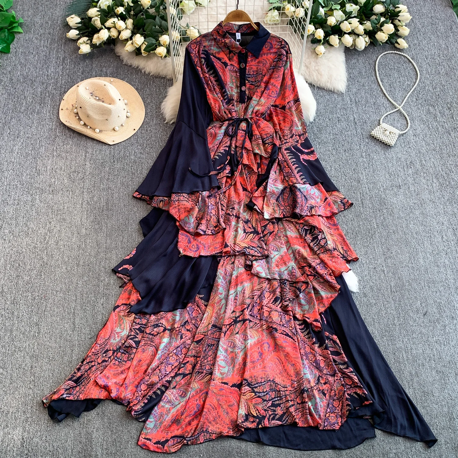 

French retro print Elegant flared sleeve dress for women autumn winter slim irregular lotus leaf edge length Party Evening skirt