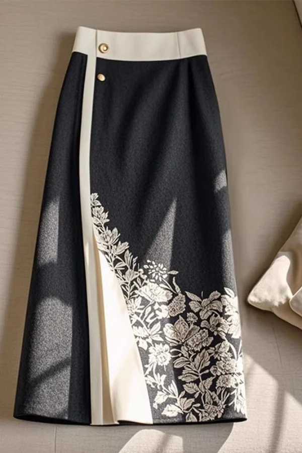 

Women Clothing Spring Autumn Chinese Style Printing Button Color Blocking A-line Skirt Ladies Indie Folk Slim Elastic Waist Skir