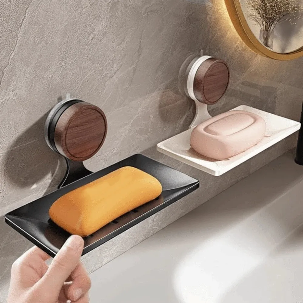 

Walnut Style Wall Mounted Soap Box Self-draining Suction Cup Soap Dish Plastic Base Carbon Steel Drying Rack Bathroom
