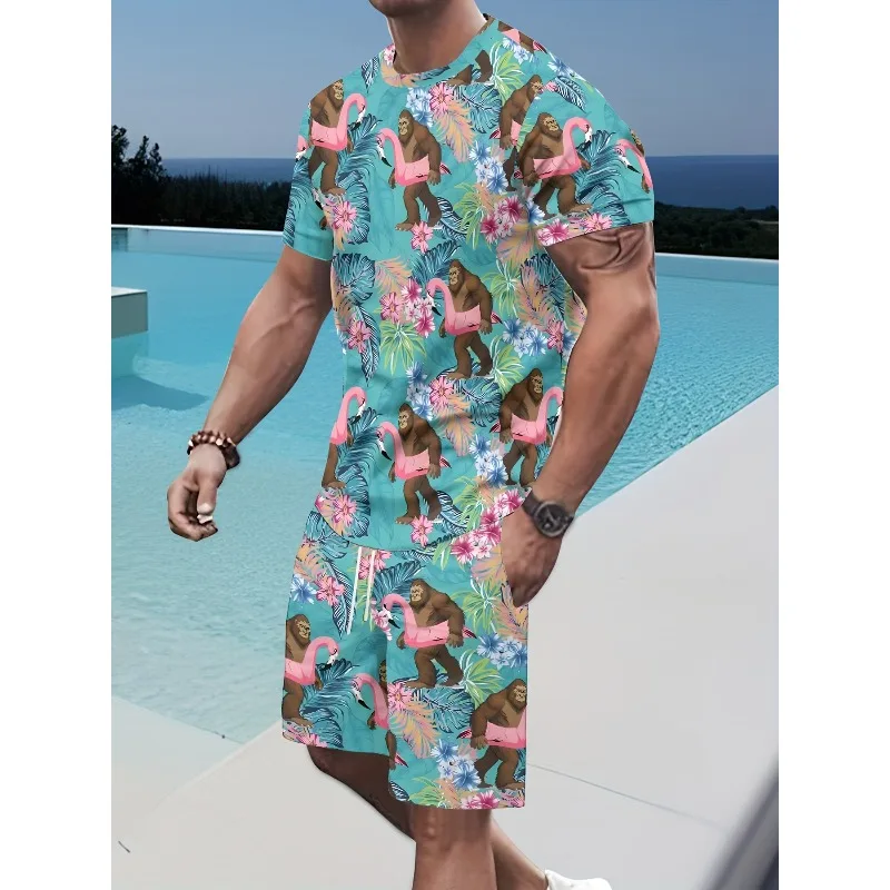 2025 Fashion Men's Round Neck Short Sleeved T-shirt Shorts 2-piece Set Summer Casual 3D Printed Sports Polyester Fiber Set