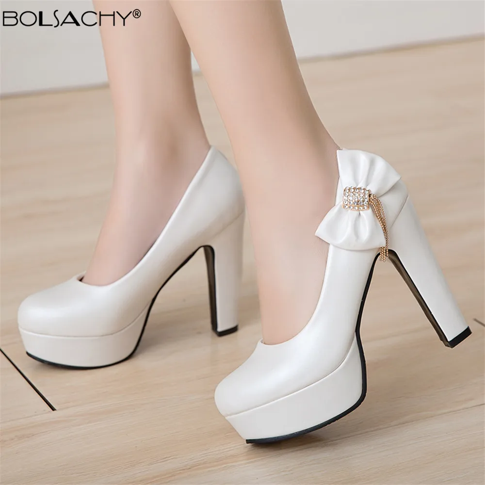 Spring Woman Pumps White Pink Wedding Dance Party Dress Platform Ladies High Heels Bow Crystal Tassel Shoes Blue Beige 34-43