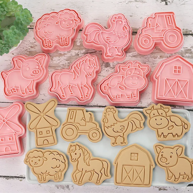 8Pcs/Set Farm Biscuit Mold Windmill Rooster Pig Sheep Cattle Horses Shape Cookie Cutter Stamp Fondant Cake Decoration Tools