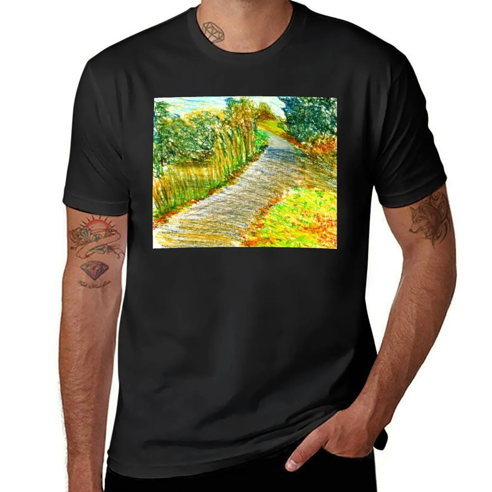 

Colourful Countryside Path in Oil Pastels T-Shirt blacks hippie clothes mens cotton t shirts