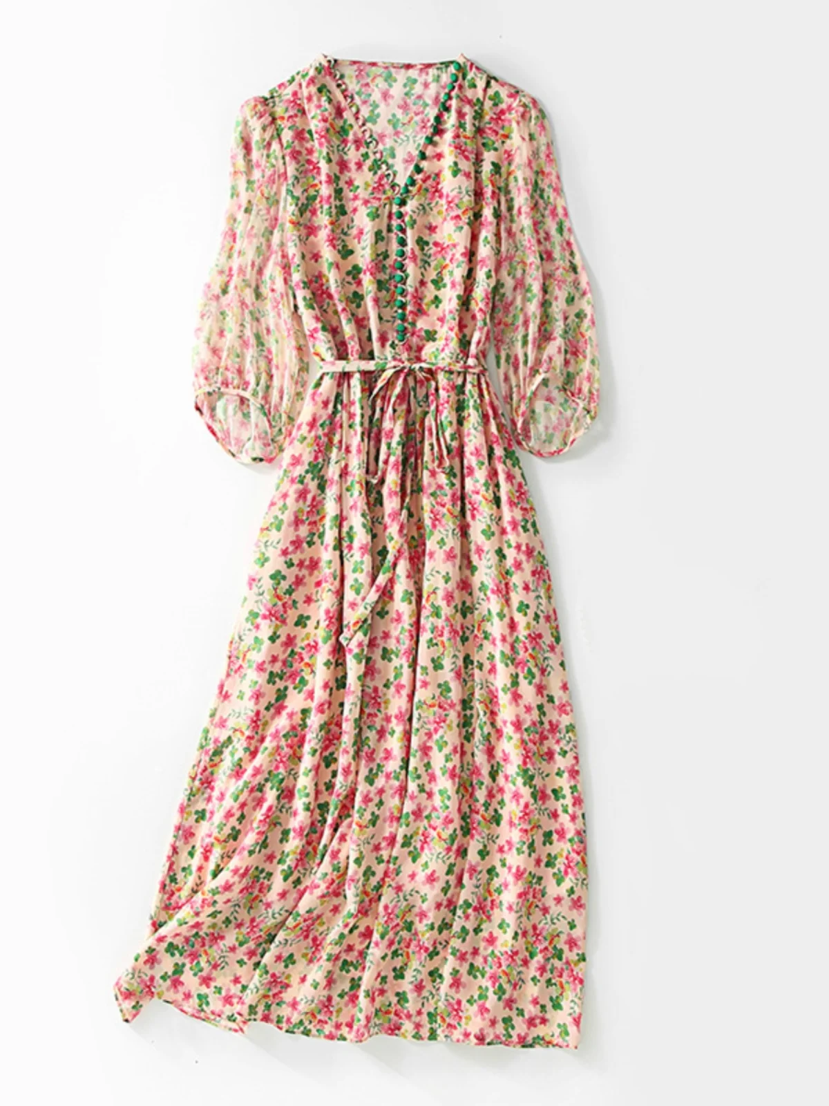 Silk V-neck Women's Dress  Floral Print Slimming Waist Medium-length Commuter Style Button Detail Regular Sleeve Length