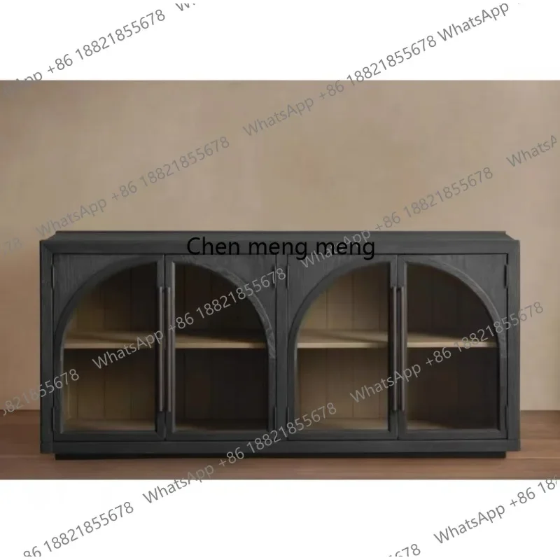 M45 American rural retro solid wood dining side cabinet living room arched glass door locker storage cabinet