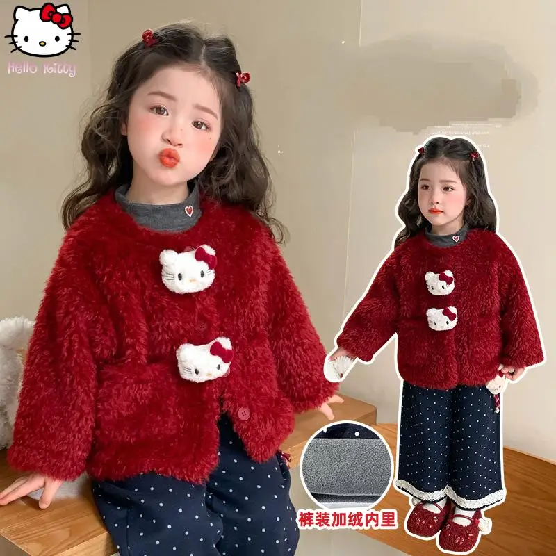 

Girls Anime Warm Little Flavor Jacket Hello Kitty Straight Pants Set Cartoon New Winter Kawaii Sanrio Pants Base Three Piece Set