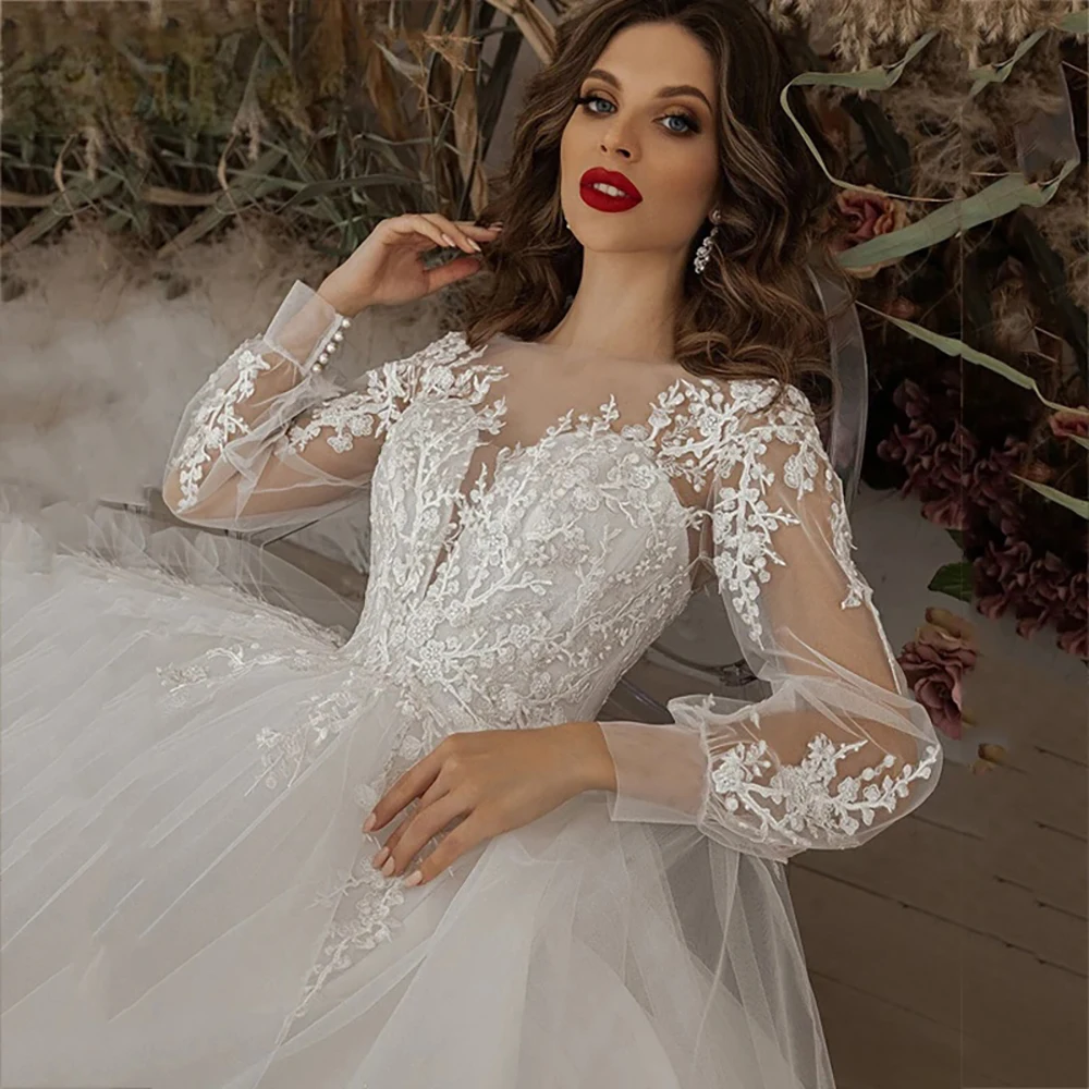 Elegante abito da sposa Boho A Line per donna O collo manica lunga Appliques in pizzo abito da sposa abiti da principessa su misura