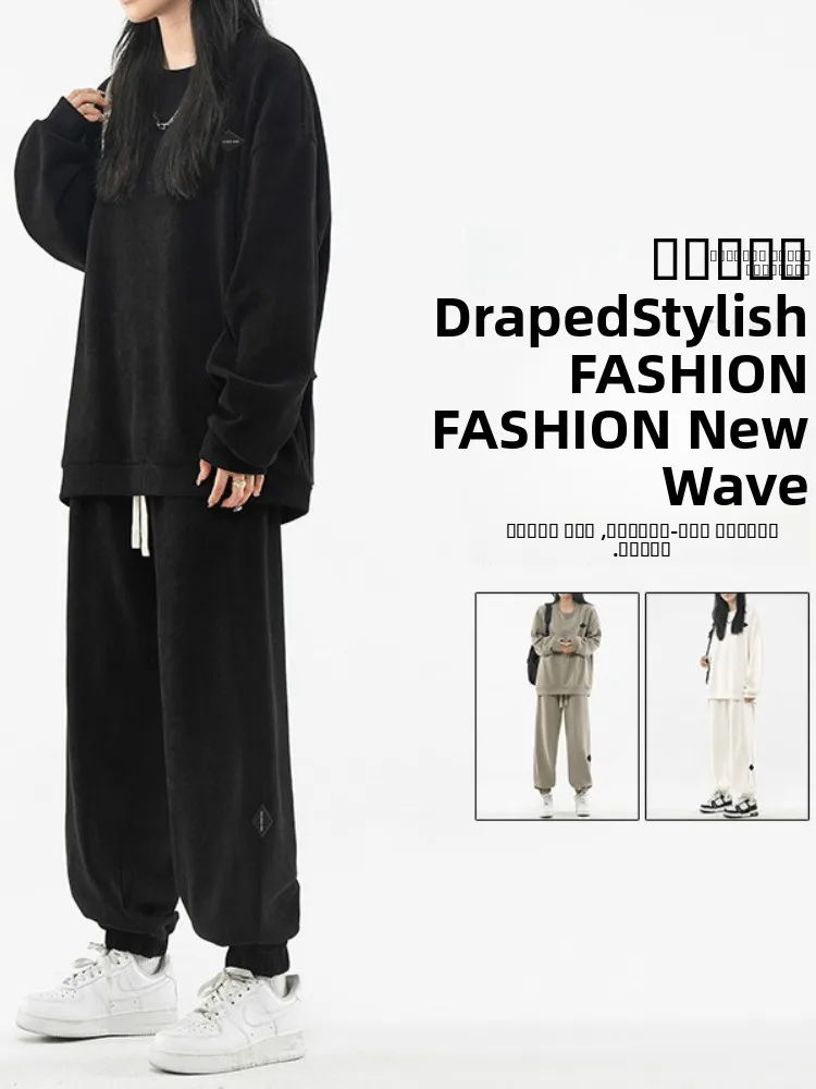 

Мужской повседневный комплект из двух предметов: свитшот с круглым вырезом и брюки, американский стиль, плотный, осенне-зимний, удобный, свободный крой, длинный рукав