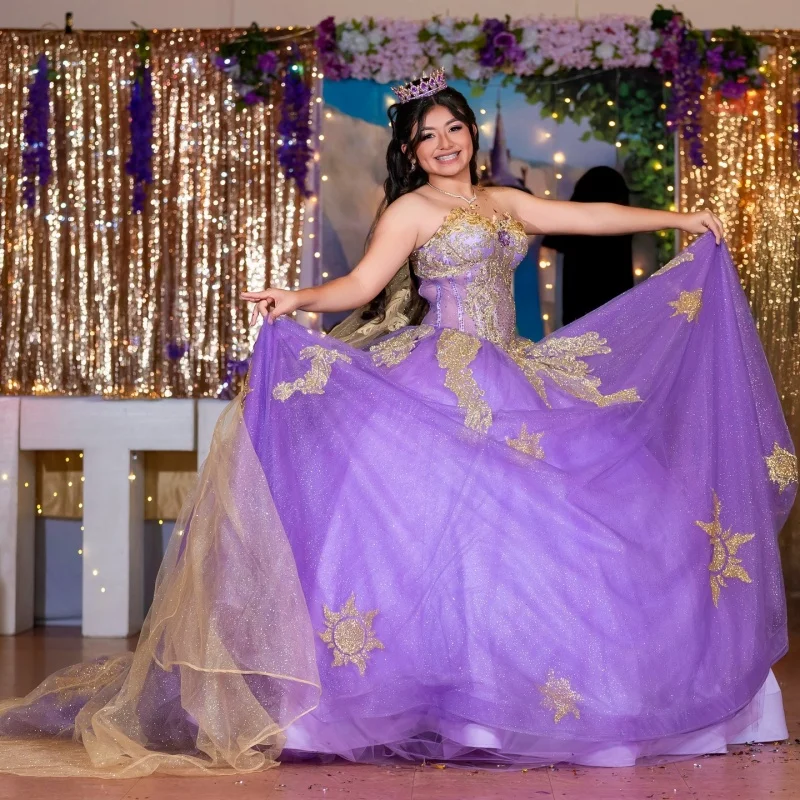 

Shiny Purple Quinceanera Dress off-shoulder golden Glitter Decal Lace Long tail Vestidos De 15 Quinceanera ﻿Customize