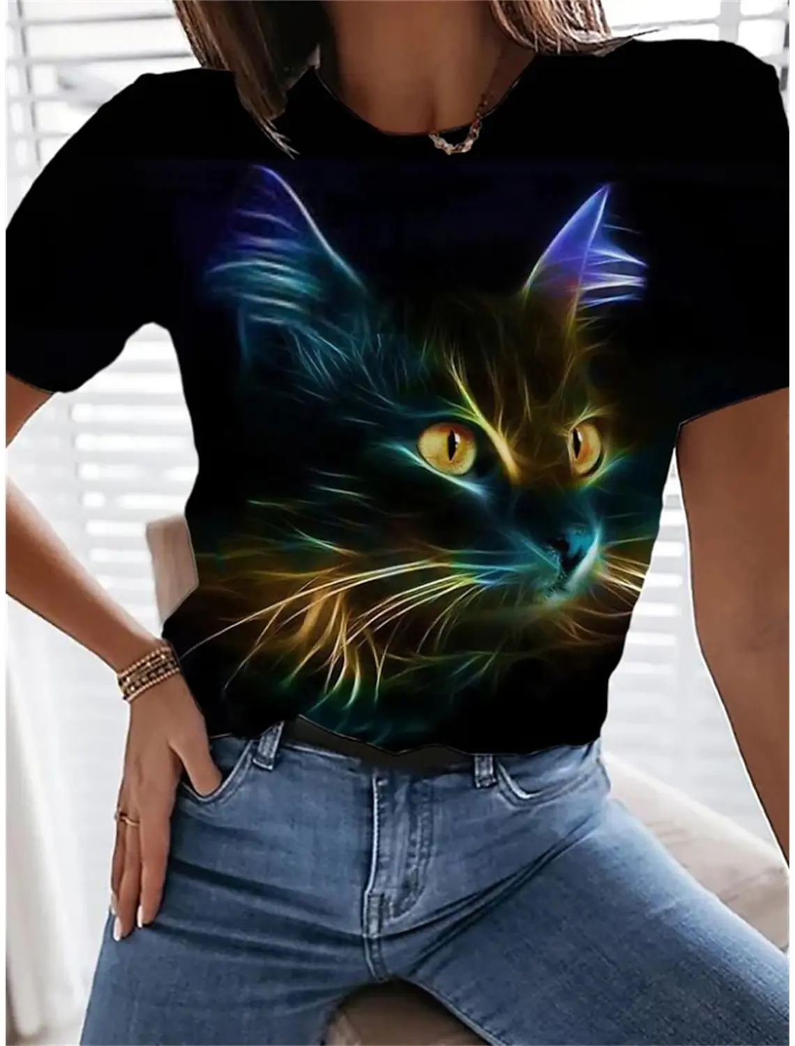 Women's T shirt Tee Cat Daily Weekend Print Black Short Sleeve Fashion Graphics Design Round Neck t shirts for woman Summer