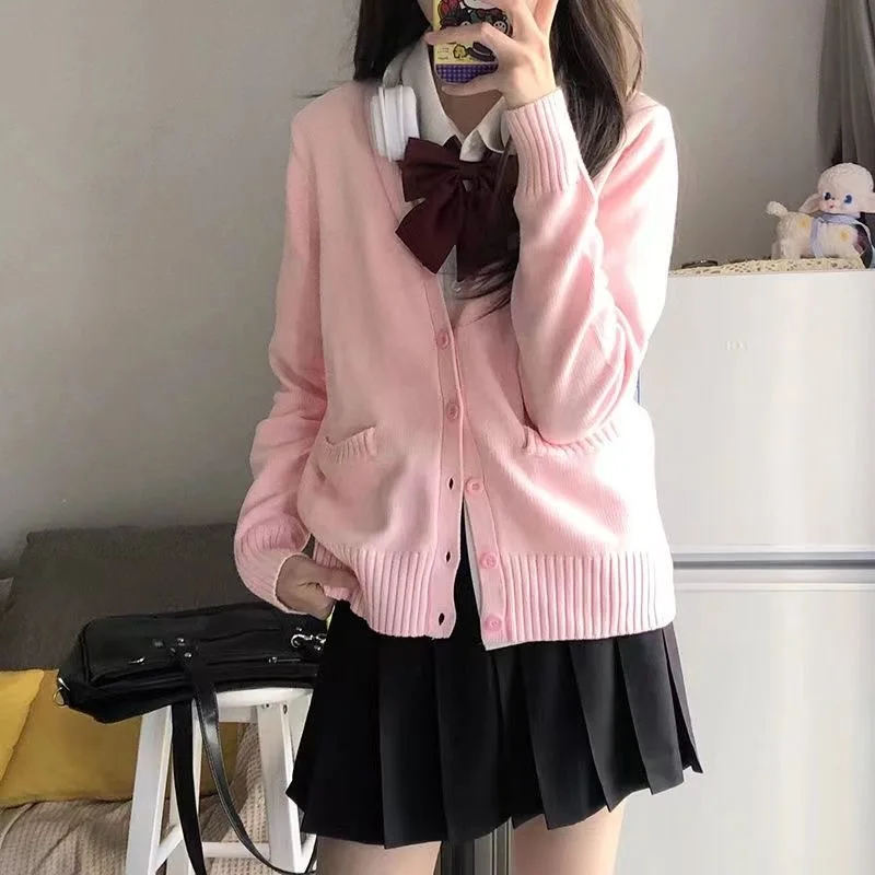 New 2024 Spring V neck Cotton Cardigan Sweater Autumn Winter Girls JK Uniform Knit Top Women Soft Loose Woolen Sweater Casual