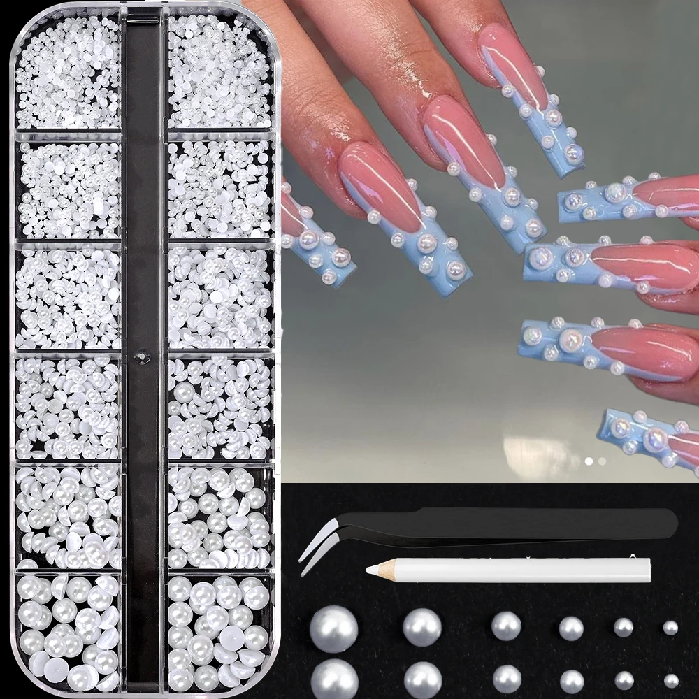 

12Grids 3D White Half Round Pearl Ball Nail Charms 1.5/2/2.5/3/4/5mm Mixed Pearl Bead Nail Art Rhinestones DIY Manicure Supplies