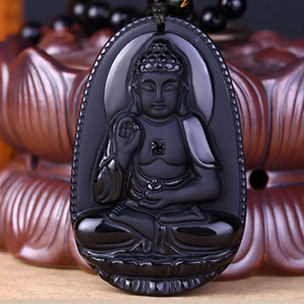 Transhipped Jewelry Carved Gift for Men Natural Obsidian Black Buddha Pendant Necklace Chain Buddha Bead