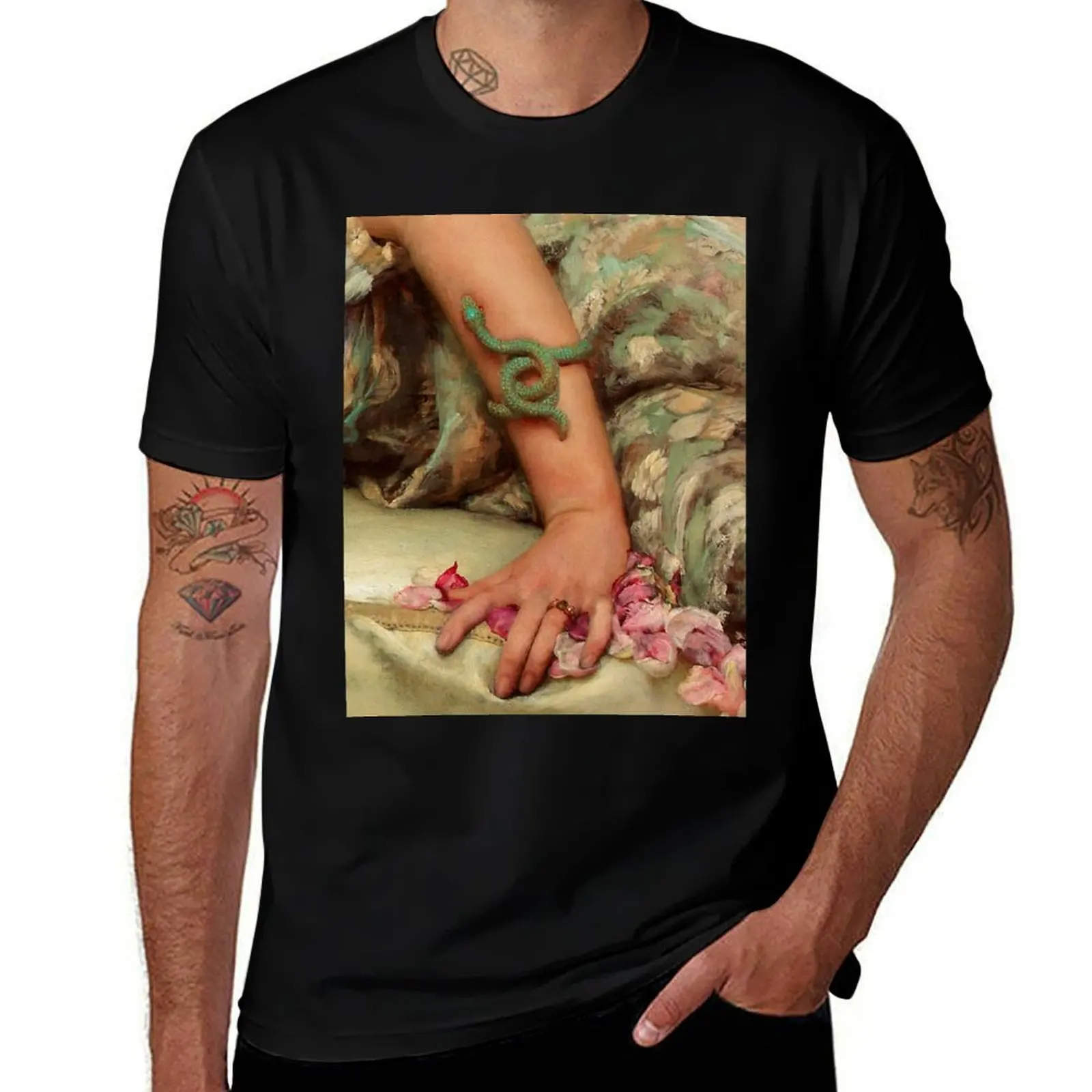 Pre-Raphaelite Woman's hand with Serpent bracelet Rose Petals detail T-Shirt Big Size Short Sleeve Casual Top