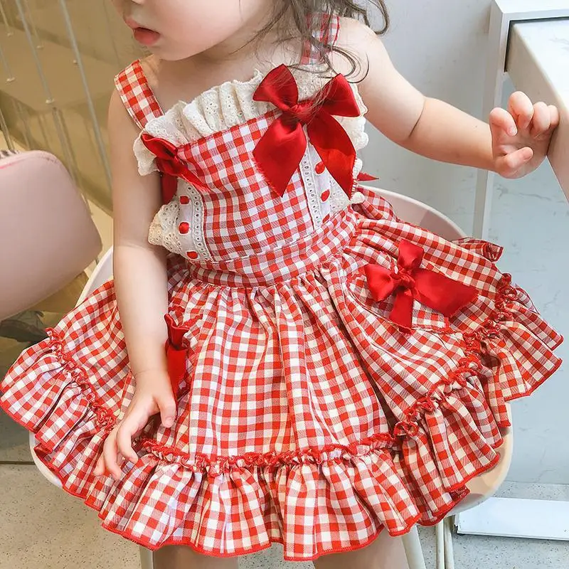 Summer Fashion Baby Girls Cotton Red Plaid Backless Bow Tie Lace Strapes Lolita Dress Kids Lovely Outfits Clothing For 2-8 Years