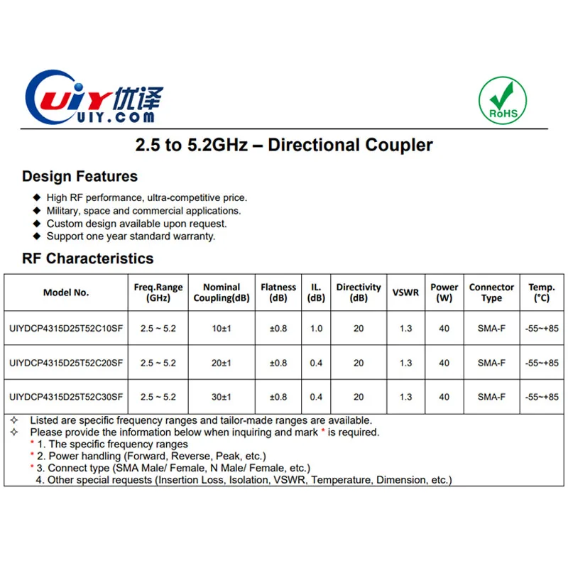 UIY 2.5 ~ 5.2 جيجا هرتز RF مقرنة اتجاهية 10 ~ 30dB اقتران 20dB الاتجاه