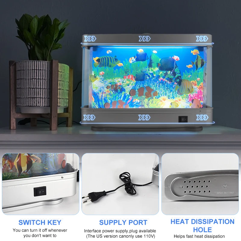 US/EU Led Fake Fish Tank Tropical Fish Table Lamp Moving Virtual Ocean Aquarium Decor Mood Light Bedside Bedroom Home Night Gift